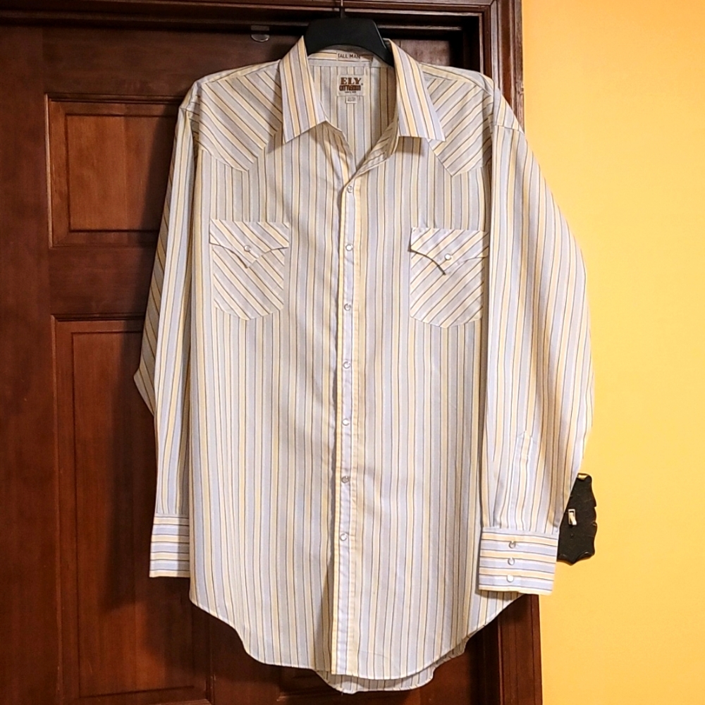 Eli Cattleman 2XL tall men's western stripe shirt; blue, yellow and white - Picture 1 of 11